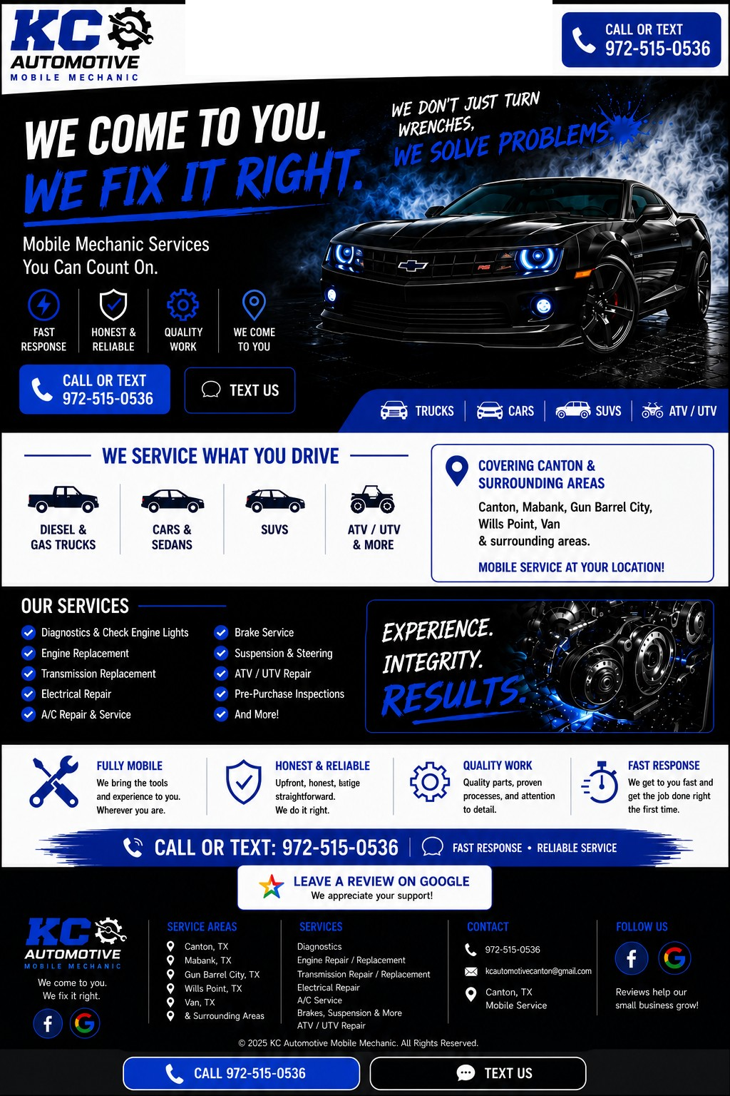 KC Automotive Mobile Mechanic website for Canton and surrounding East Texas areas